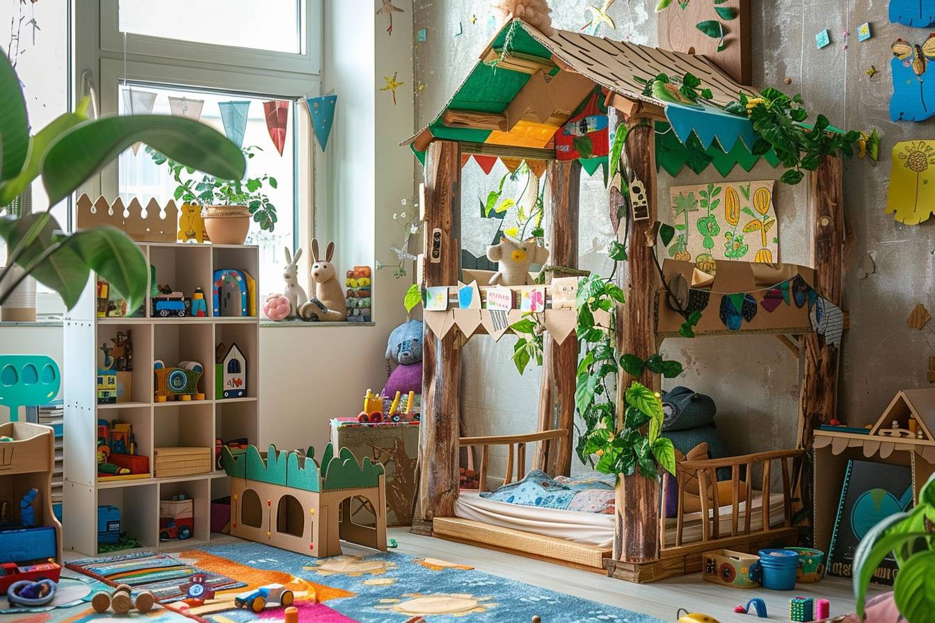 Chambre d'enfant décorée avec des matériaux recyclés, combinant créativité et respect de la nature